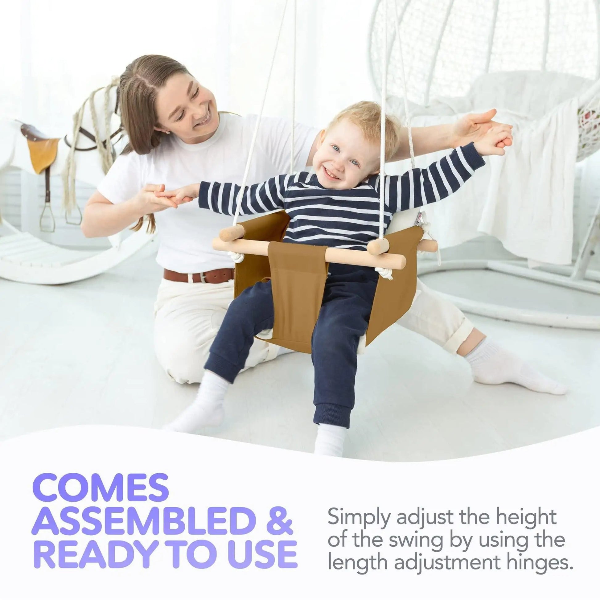 Ocher Canvas Baby Swing Chair Wooden Hanging Seat with Safety Belt Durable and Comfortable for Kids Indoor and Outdoor Use Mounting Hardware Included Ocher - Osacean Sky Logistics