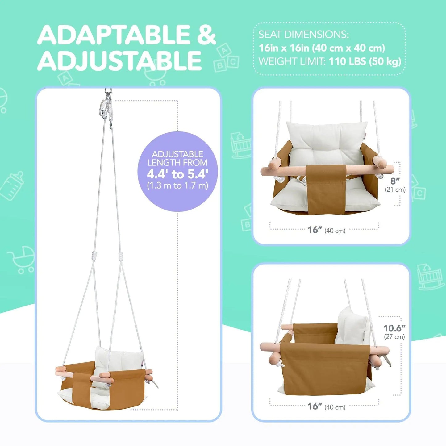 Ocher Canvas Baby Swing Chair Wooden Hanging Seat with Safety Belt Durable and Comfortable for Kids Indoor and Outdoor Use Mounting Hardware Included Ocher - Osacean Sky Logistics