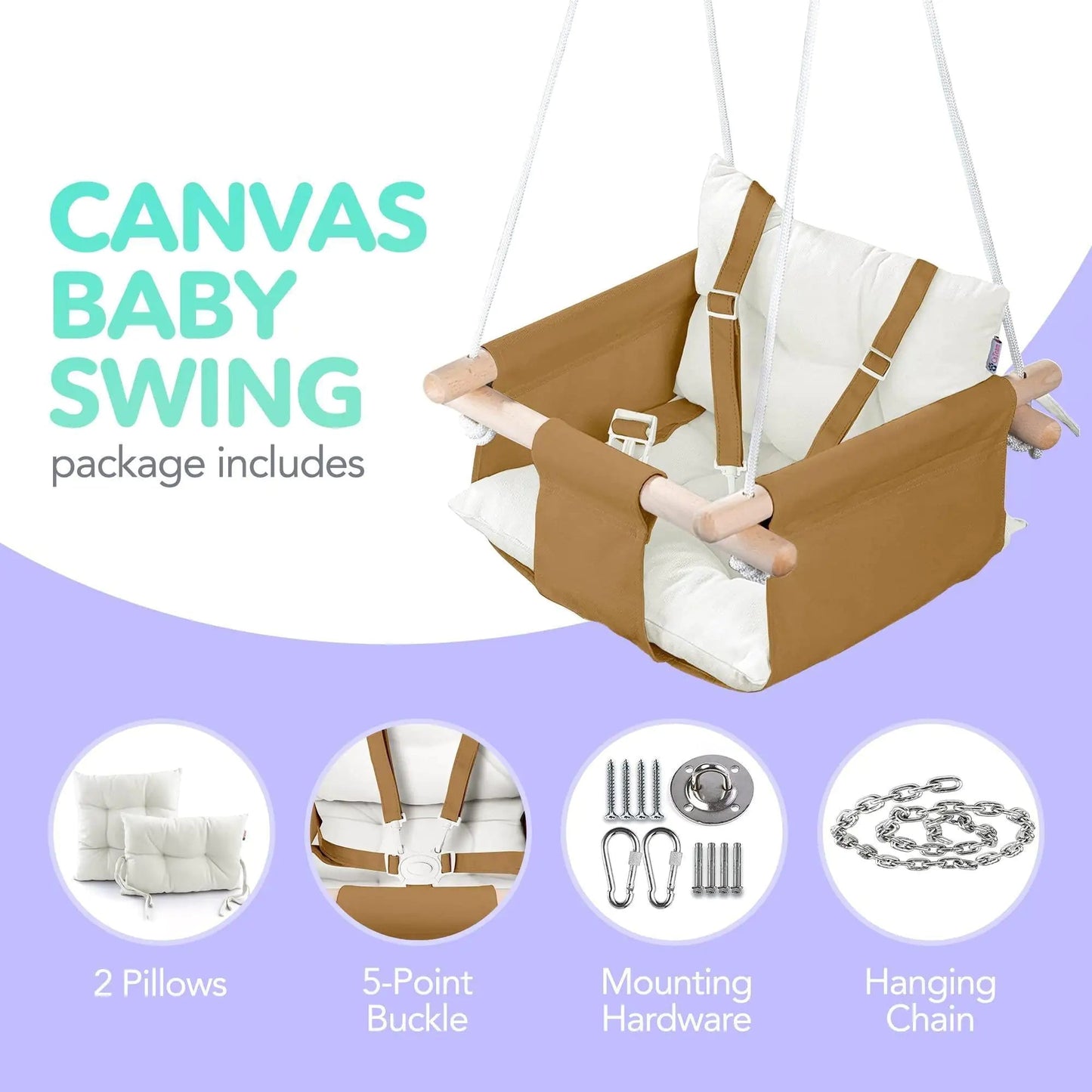 Ocher Canvas Baby Swing Chair Wooden Hanging Seat with Safety Belt Durable and Comfortable for Kids Indoor and Outdoor Use Mounting Hardware Included Ocher - Osacean Sky Logistics