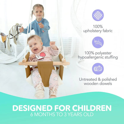 Ocher Canvas Baby Swing Chair Wooden Hanging Seat with Safety Belt Durable and Comfortable for Kids Indoor and Outdoor Use Mounting Hardware Included Ocher - Osacean Sky Logistics