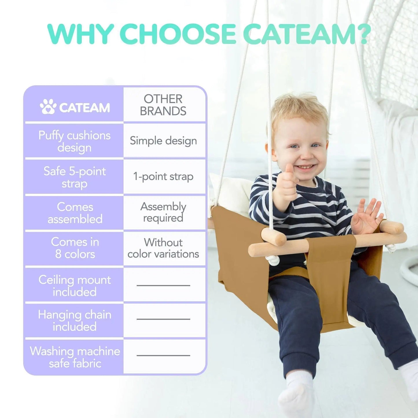 Ocher Canvas Baby Swing Chair Wooden Hanging Seat with Safety Belt Durable and Comfortable for Kids Indoor and Outdoor Use Mounting Hardware Included Ocher - Osacean Sky Logistics