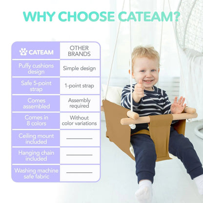 Ocher Canvas Baby Swing Chair Wooden Hanging Seat with Safety Belt Durable and Comfortable for Kids Indoor and Outdoor Use Mounting Hardware Included Ocher - Osacean Sky Logistics