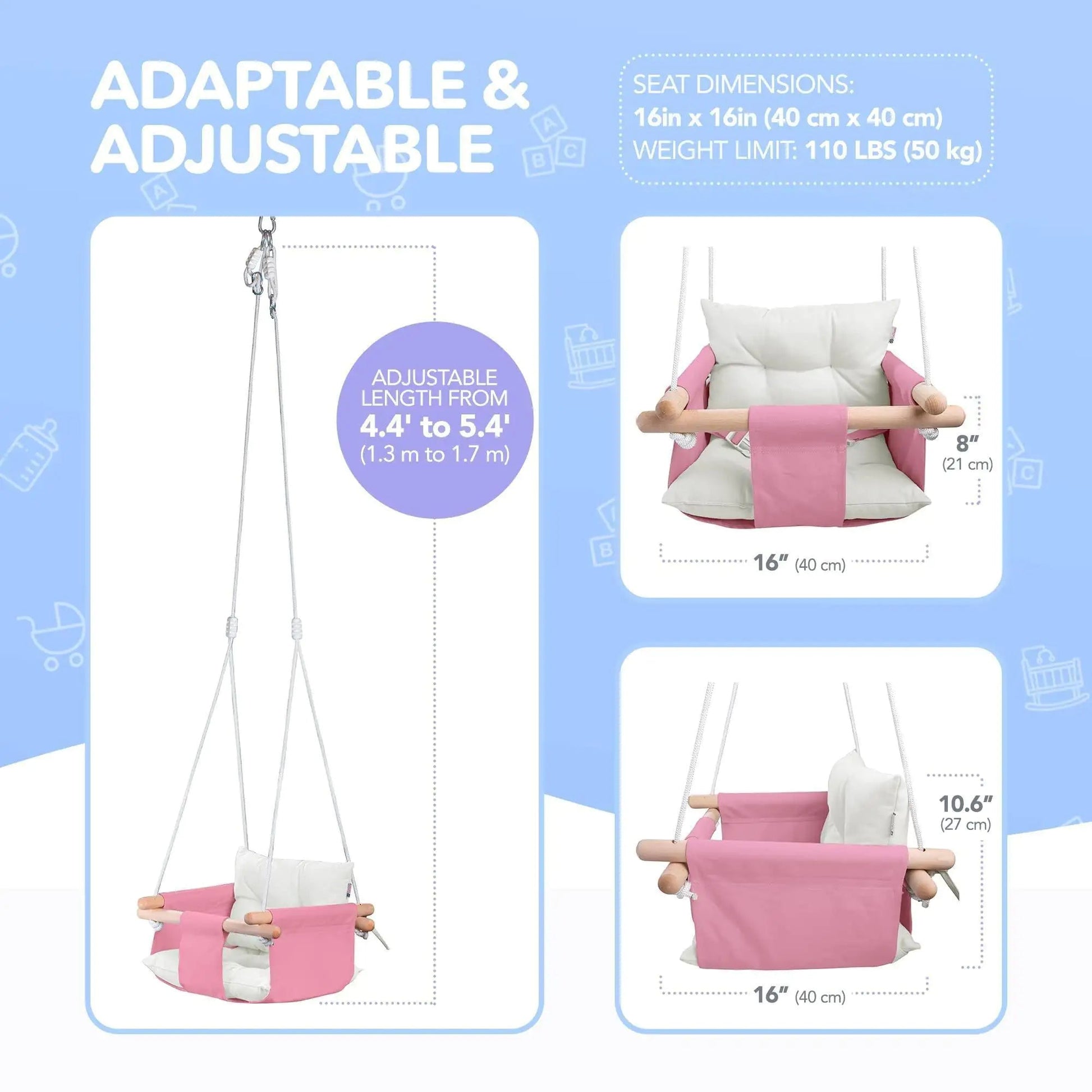 Pink Canvas Baby Swing Wooden Hanging Swing Seat Chair with Safety Belt Durable Baby Swing Chair Outdoor and Indoor Swing for Kids Mounting Hardware Included Pink - Osacean Sky Logistics