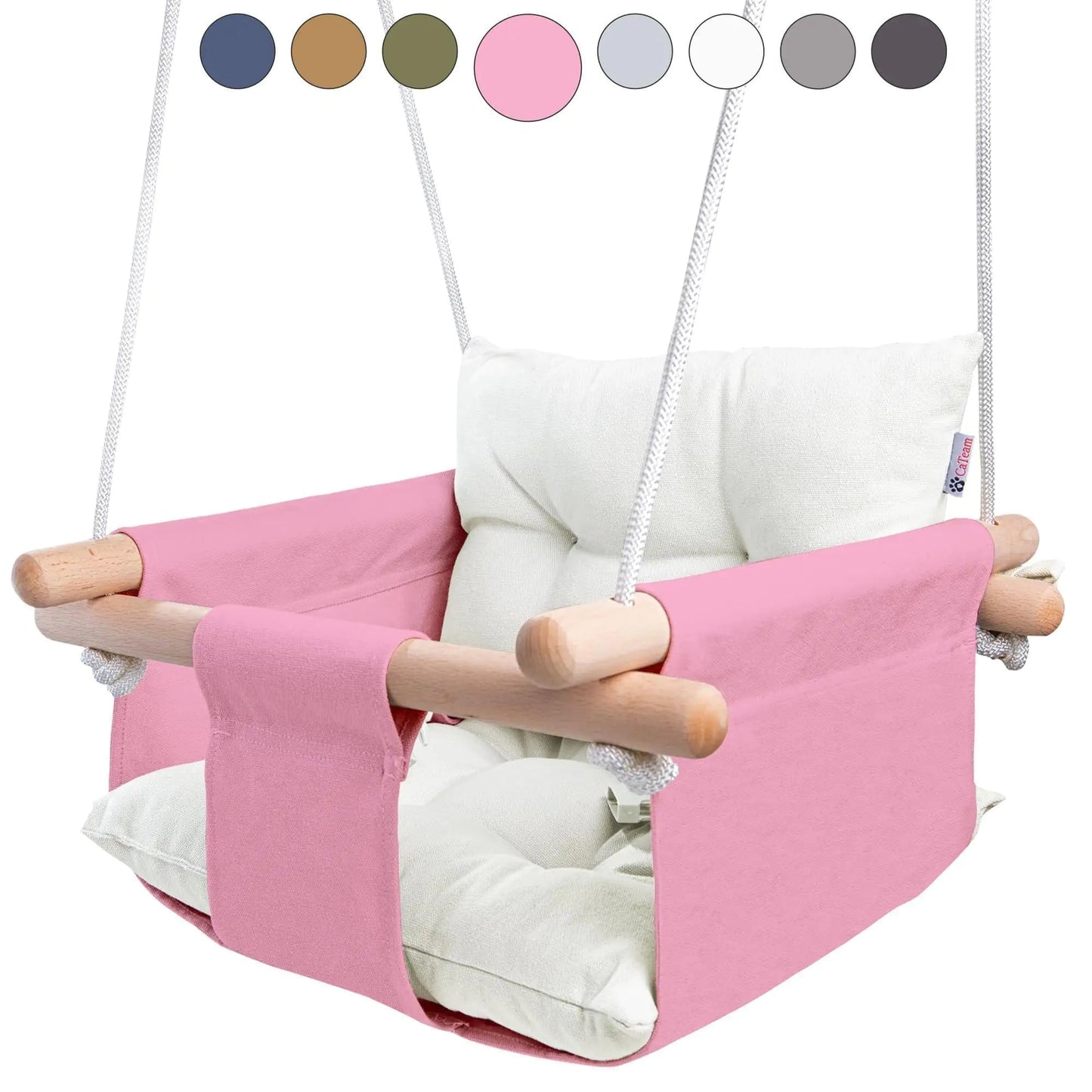 Pink Canvas Baby Swing Wooden Hanging Swing Seat Chair with Safety Belt Durable Baby Swing Chair Outdoor and Indoor Swing for Kids Mounting Hardware Included Pink - Osacean Sky Logistics