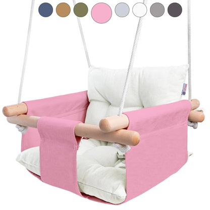 Pink Canvas Baby Swing Wooden Hanging Swing Seat Chair with Safety Belt Durable Baby Swing Chair Outdoor and Indoor Swing for Kids Mounting Hardware Included Pink - Osacean Sky Logistics