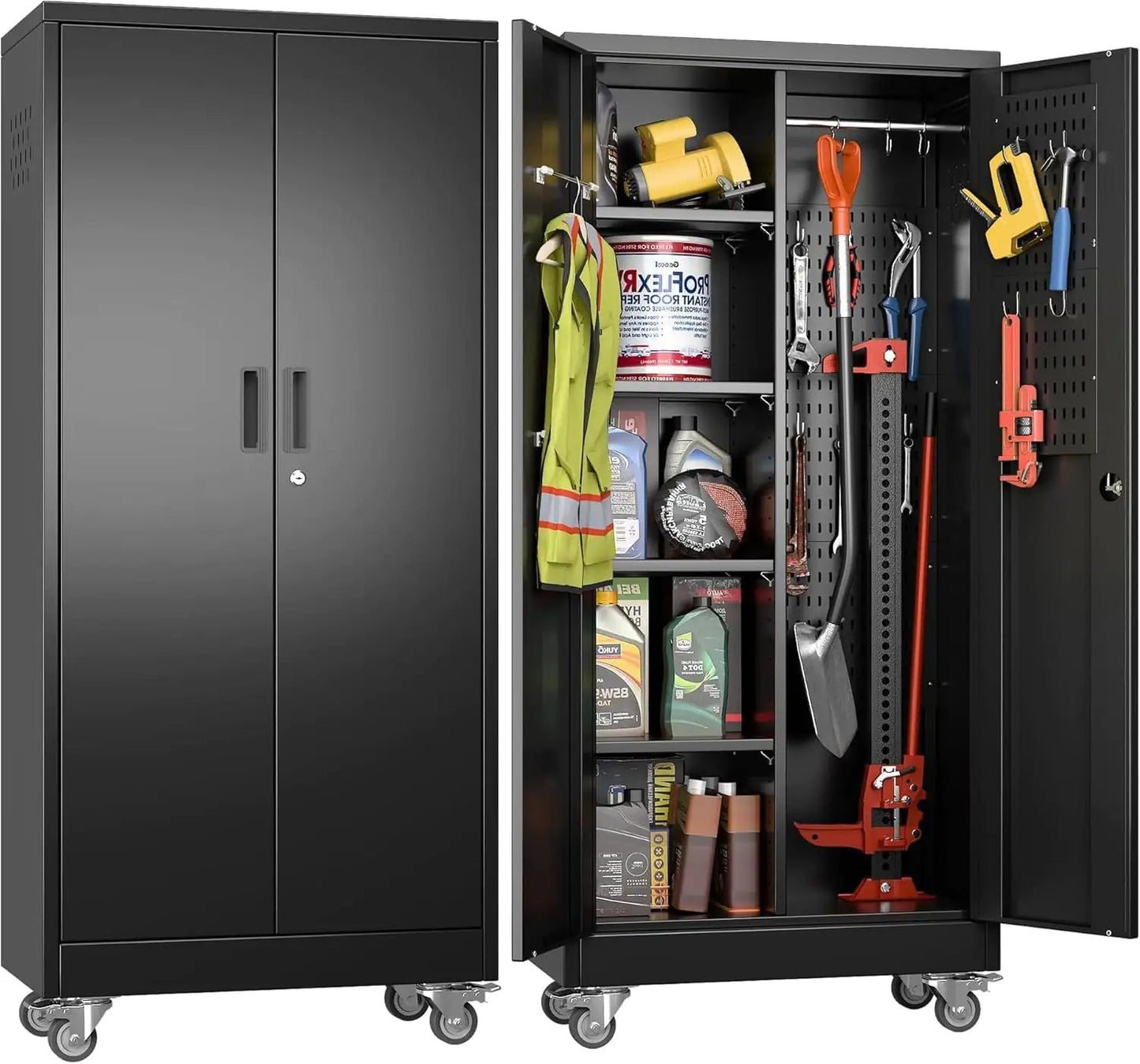 Rolling Metal Storage Cabinet with Adjustable Shelves and Hanging Rod - Osacean Sky Logistics