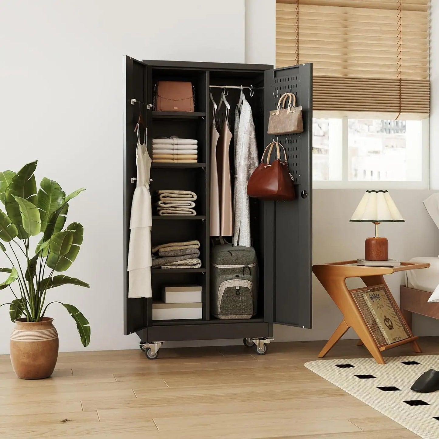 Rolling Metal Storage Cabinet with Adjustable Shelves and Hanging Rod - Osacean Sky Logistics