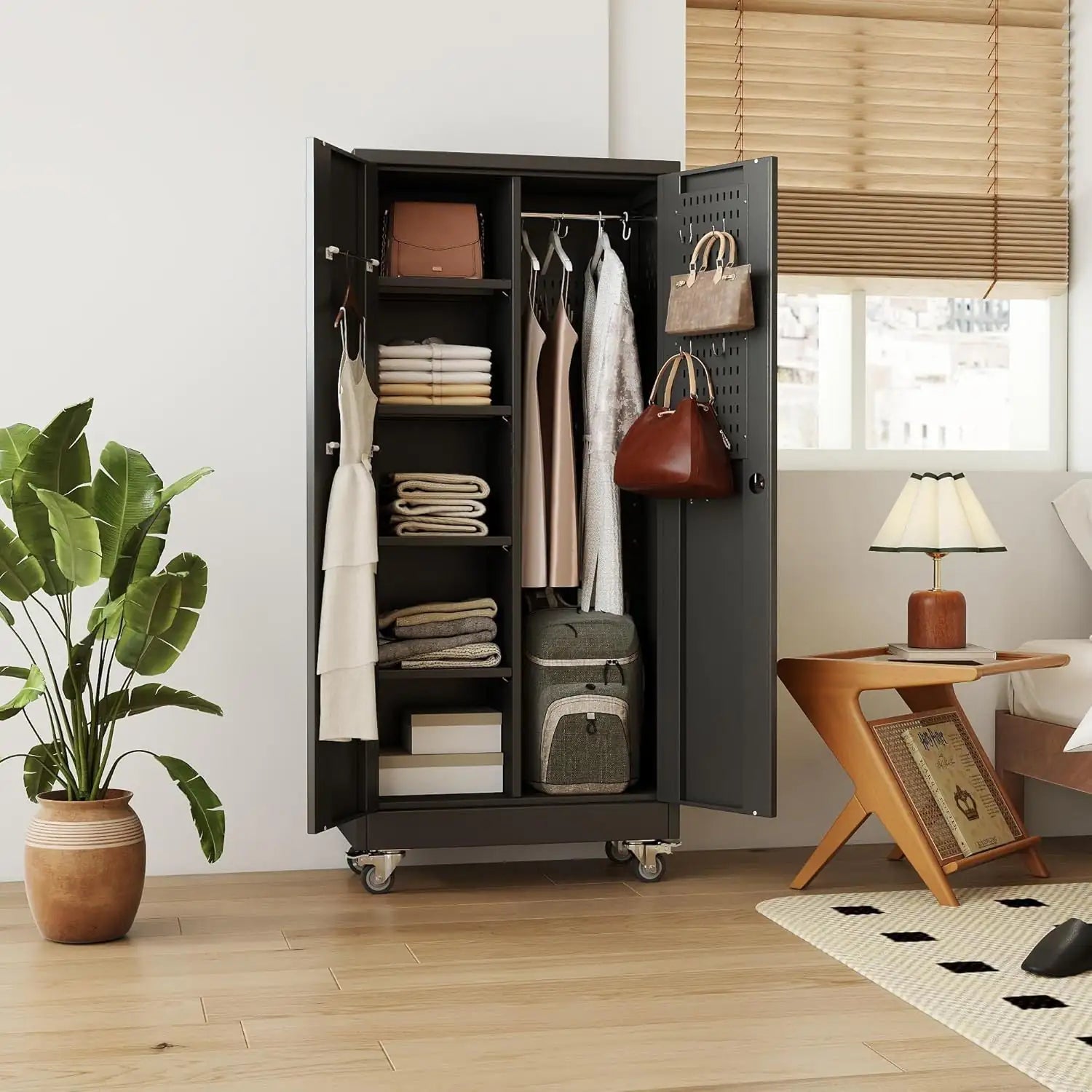 Rolling Metal Storage Cabinet with Adjustable Shelves and Hanging Rod - Osacean Sky Logistics