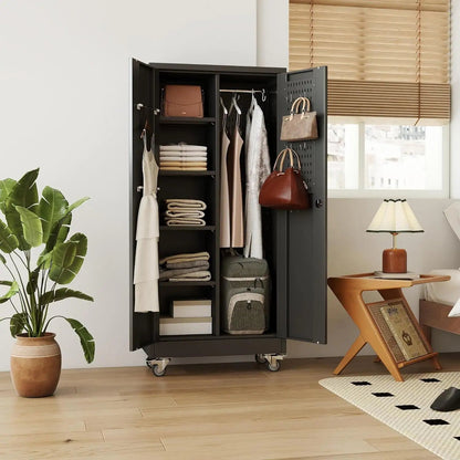 Rolling Metal Storage Cabinet with Adjustable Shelves and Hanging Rod - Osacean Sky Logistics