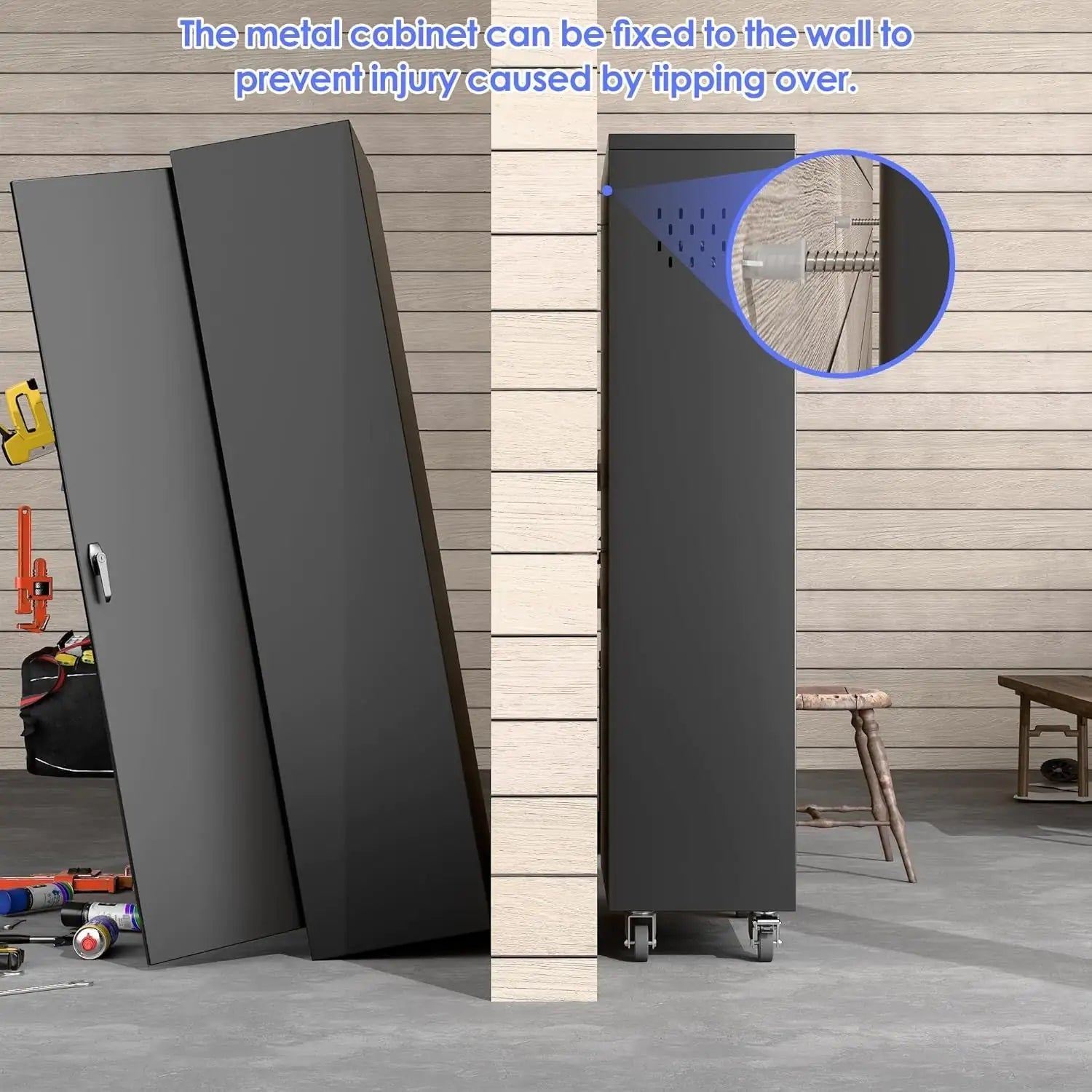 Rolling Metal Storage Cabinet with Adjustable Shelves and Hanging Rod - Osacean Sky Logistics