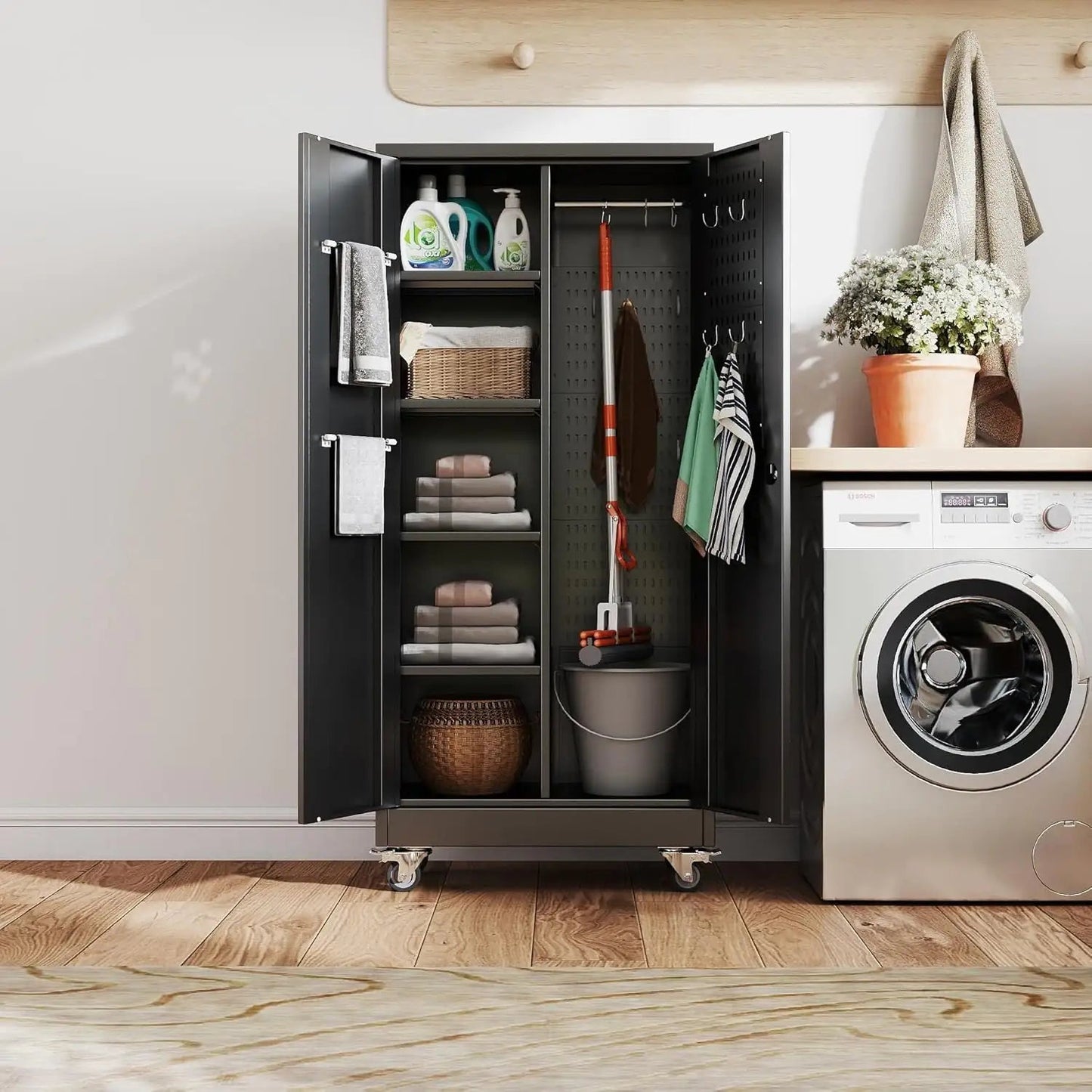 Rolling Metal Storage Cabinet with Adjustable Shelves and Hanging Rod - Osacean Sky Logistics