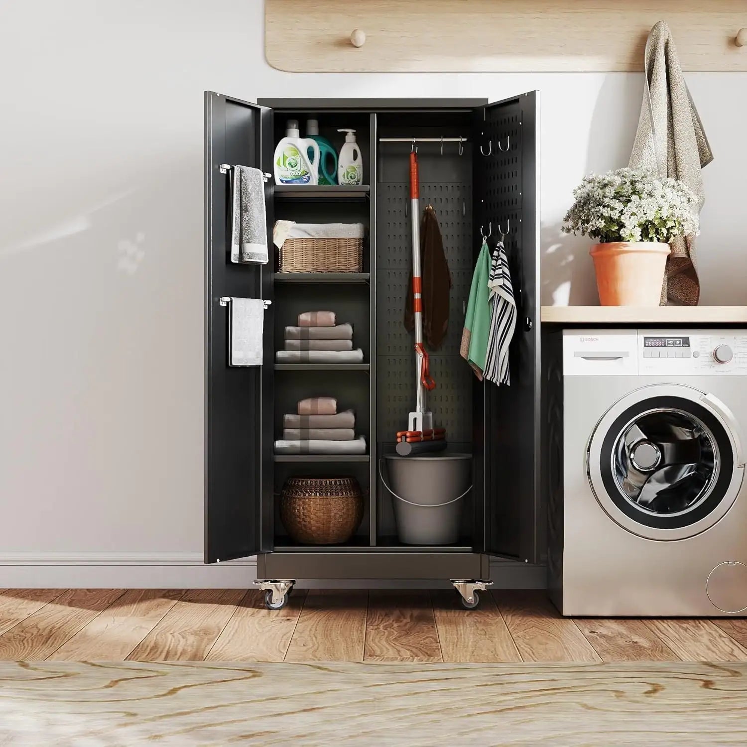 Rolling Metal Storage Cabinet with Adjustable Shelves and Hanging Rod - Osacean Sky Logistics