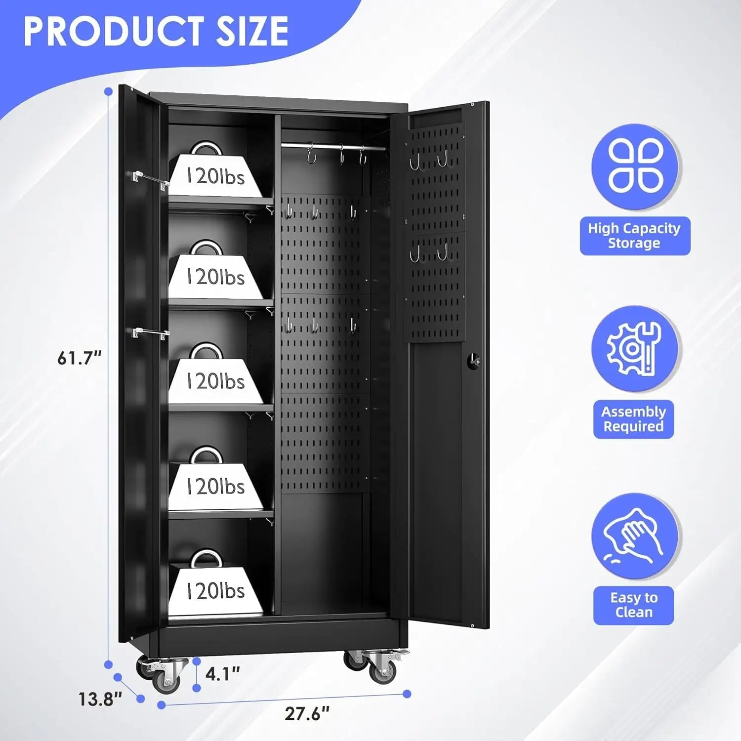 Rolling Metal Storage Cabinet with Adjustable Shelves and Hanging Rod - Osacean Sky Logistics