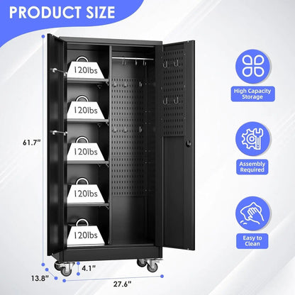 Rolling Metal Storage Cabinet with Adjustable Shelves and Hanging Rod - Osacean Sky Logistics