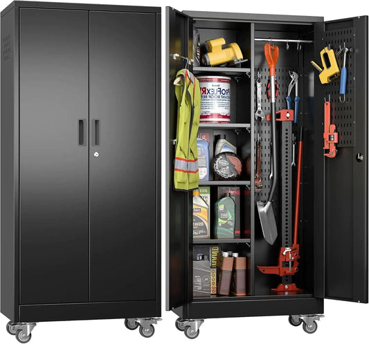 Rolling Metal Storage Cabinet with Adjustable Shelves and Hanging Rod - Osacean Sky Logistics