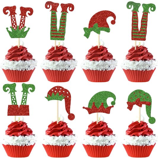 Rsstarxi 24 Pack Christmas Elf Cupcake Toppers Glitter Santa Hat Christmas Elf Legs Cupcake Picks Merry Christmas Cake Decorations for Baby Shower Kids Birthday Christmas Party Decorations - Osacean Sky Logistics